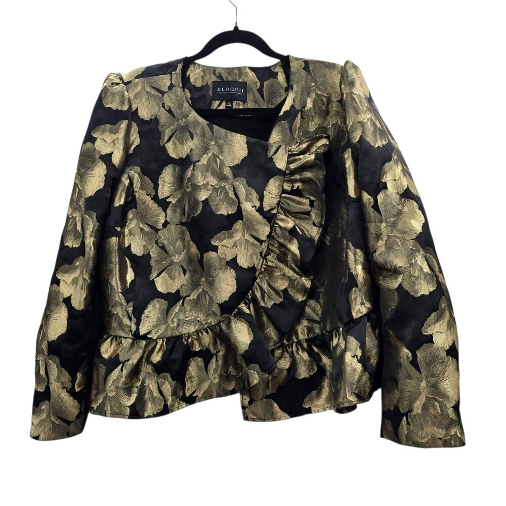Eloquii Blazer Womens 16 Gold Metallic Floral Peplum Jacket Plus Size Glam Bold